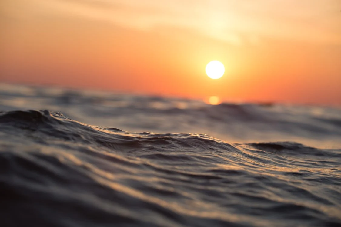 Closeup picture of waves at sunset.